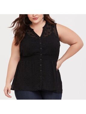 Torrid Sleeveless Sheer Black Star-Embroidered Sleeveless Button Top Goth Emo